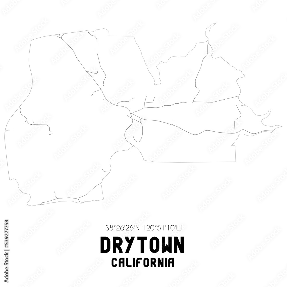 Drytown California. US street map with black and white lines.