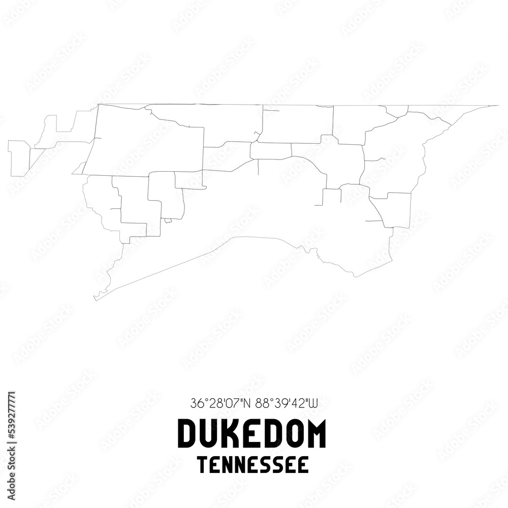 Dukedom Tennessee. US street map with black and white lines.