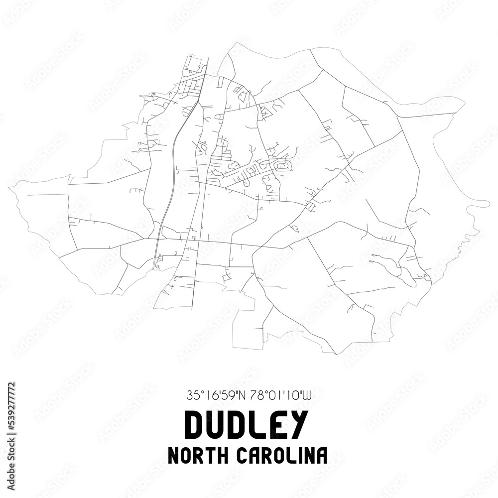 Dudley North Carolina. US street map with black and white lines.
