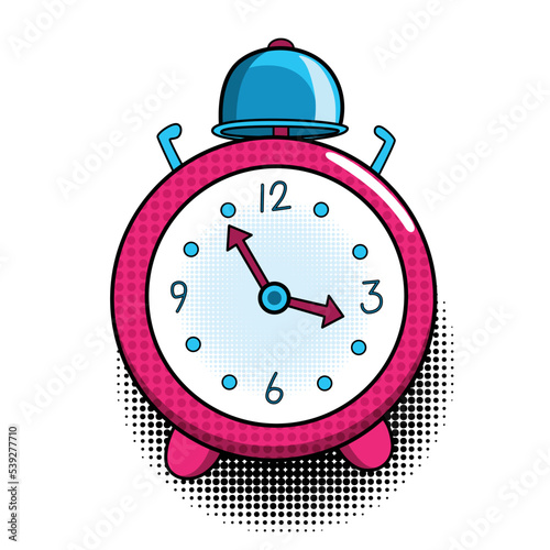 Comic alarm clock. Pop art colorful and dynamic cartoonish icon in retro style. Vector bright cartoon object with halftone dots shadow