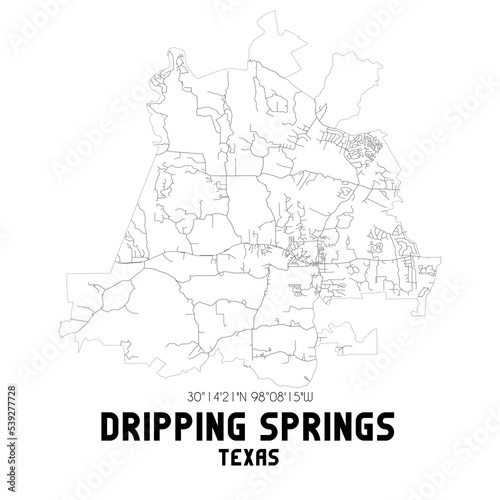 Dripping Springs Texas. US street map with black and white lines.