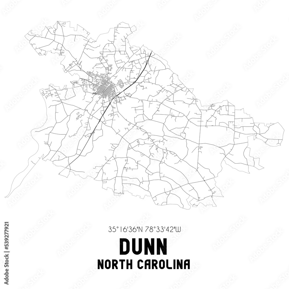 Dunn North Carolina. US street map with black and white lines. Stock