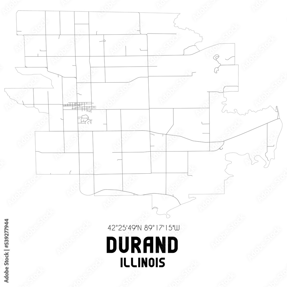 Durand Illinois. US street map with black and white lines.