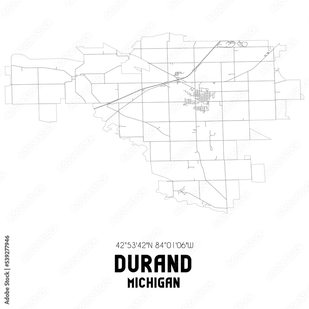 Durand Michigan. US street map with black and white lines.