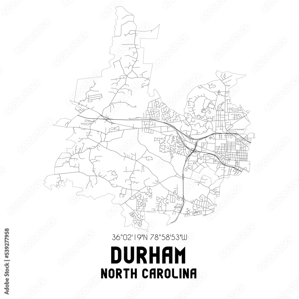 Durham North Carolina. US street map with black and white lines.