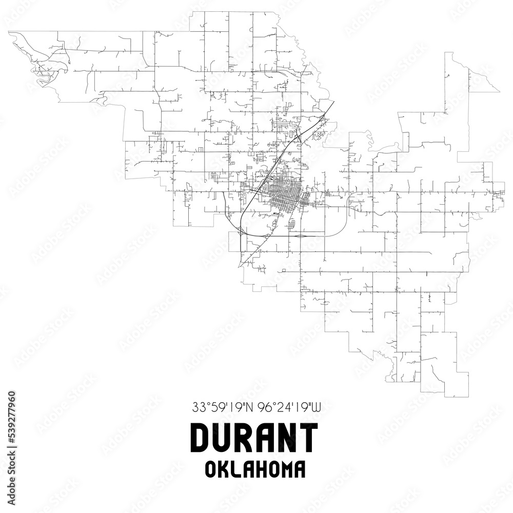 Durant Oklahoma. US street map with black and white lines. Stock