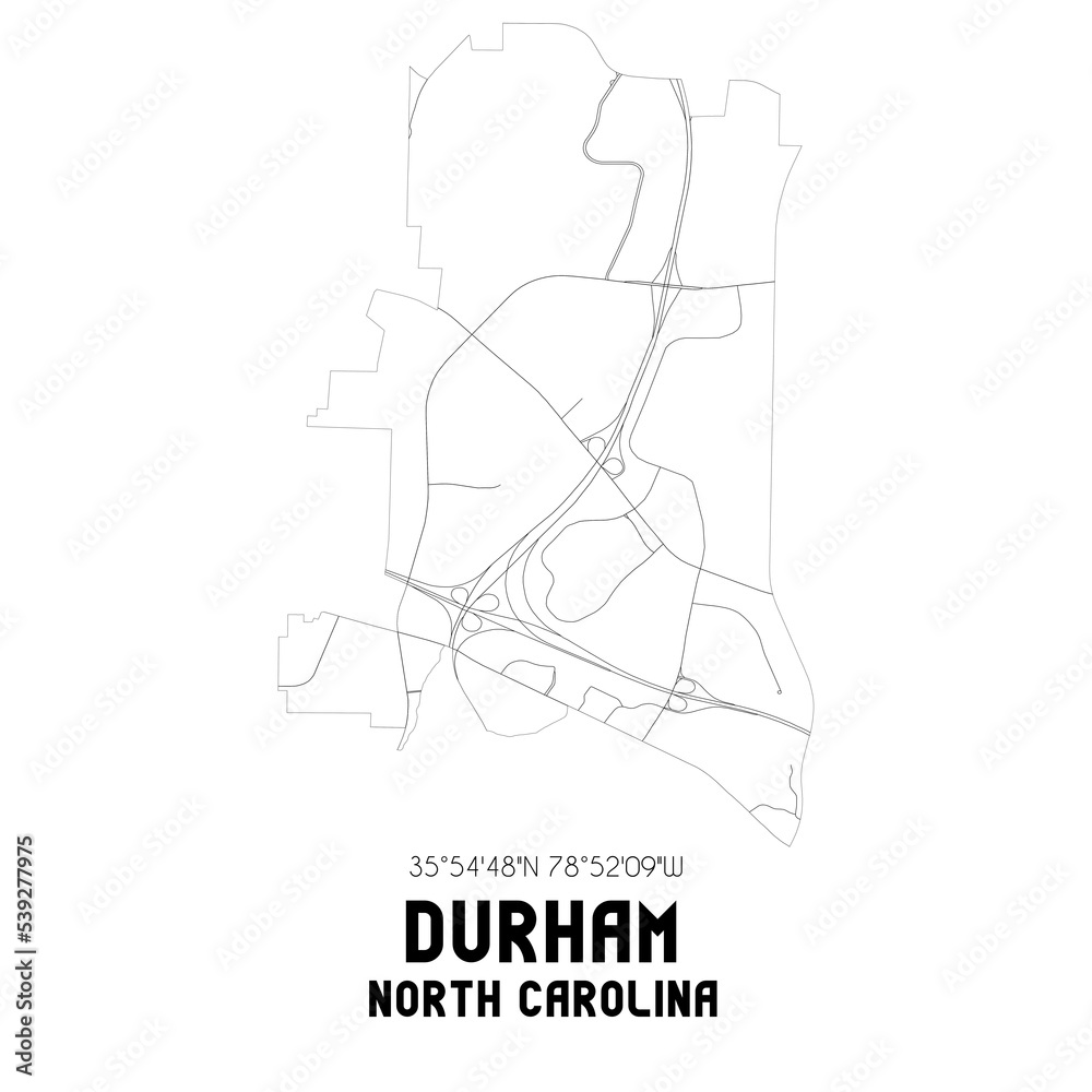 Durham North Carolina. US street map with black and white lines.