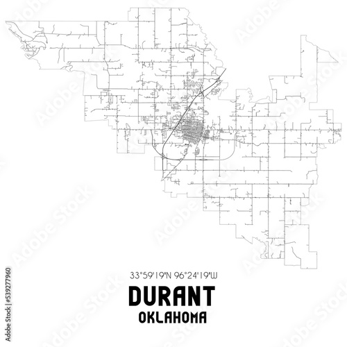 Durant Oklahoma. US street map with black and white lines.