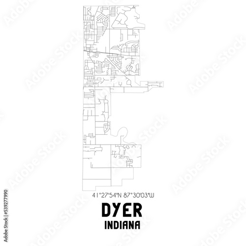 Dyer Indiana. US street map with black and white lines.