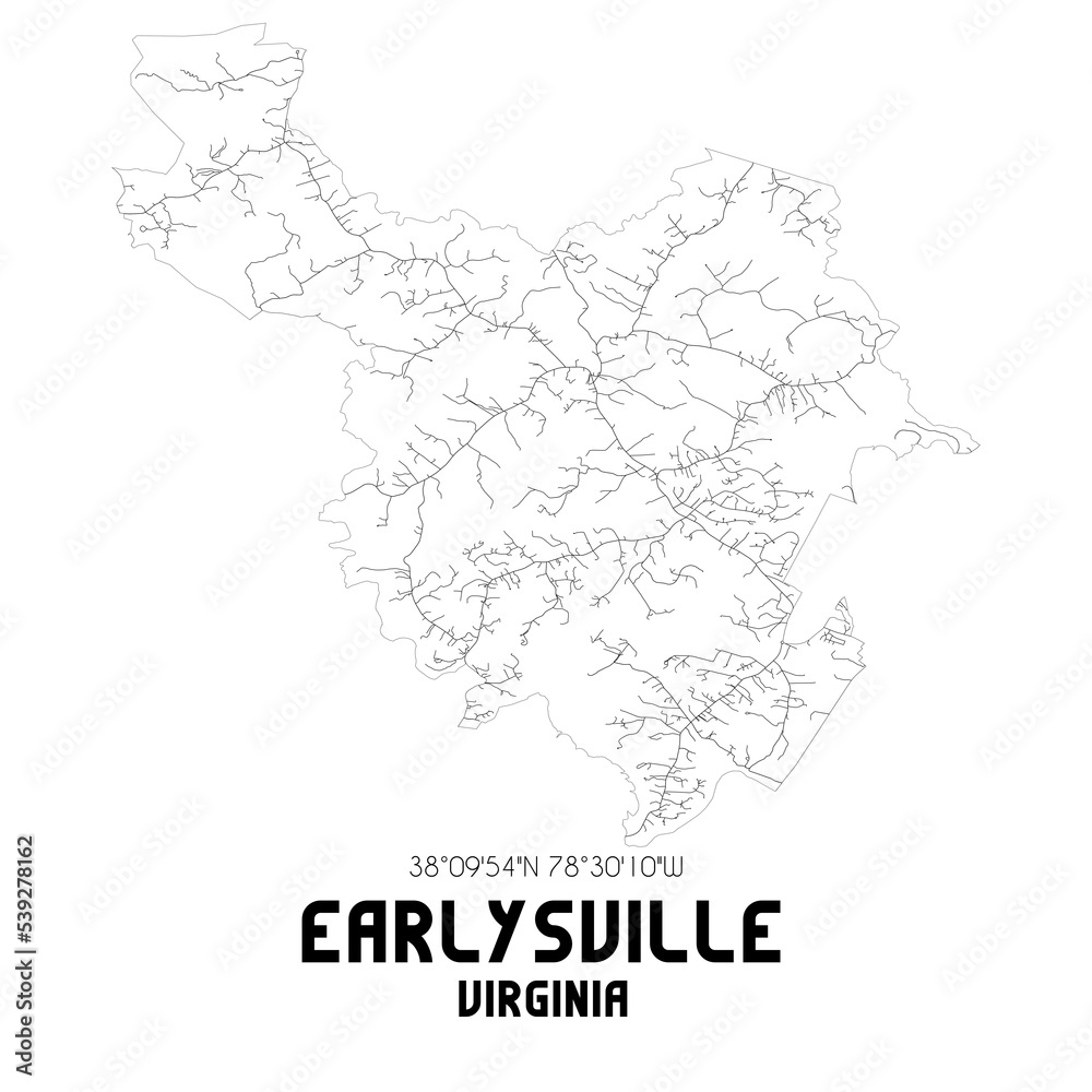 Earlysville Virginia. US street map with black and white lines.