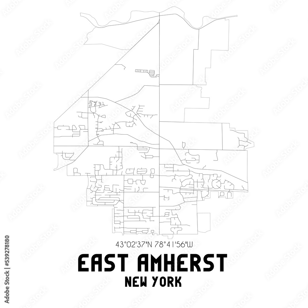 East Amherst New York. US street map with black and white lines.