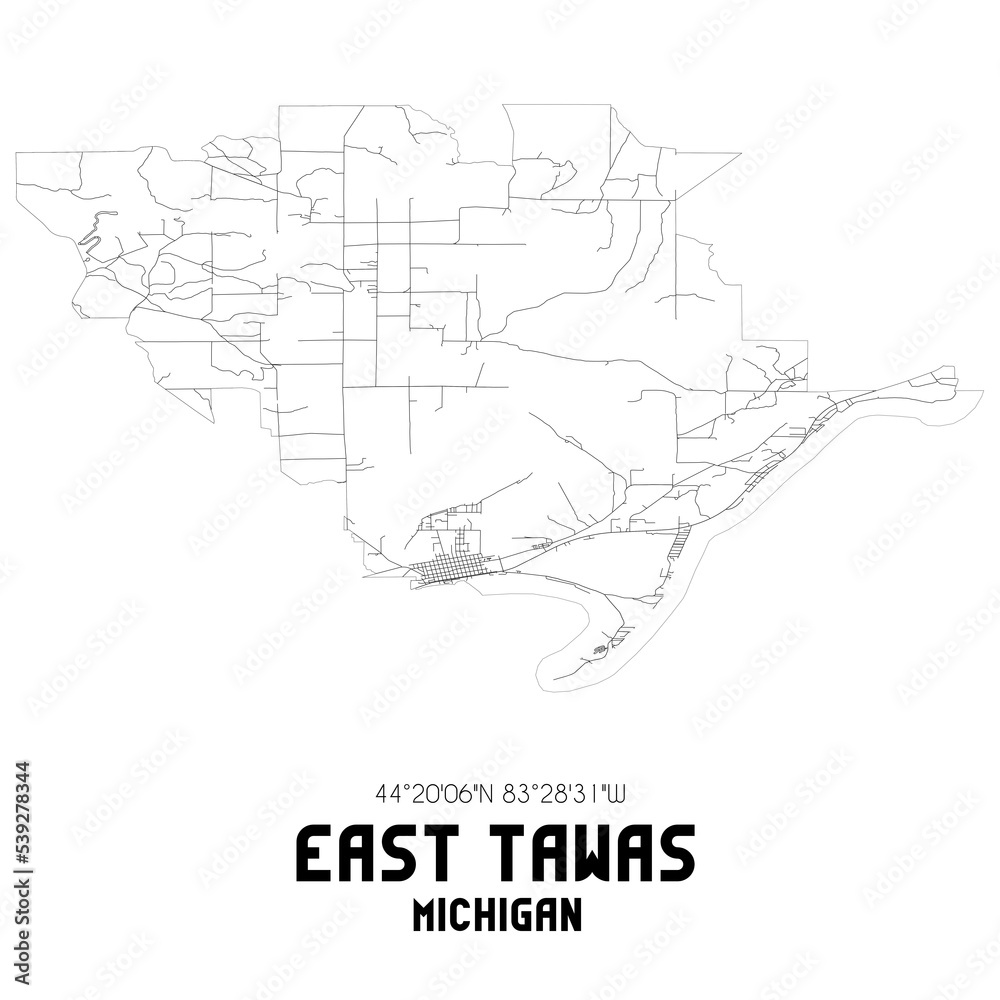 East Tawas Michigan. US street map with black and white lines. East Tawas Michigan. US street map with black and white lines.