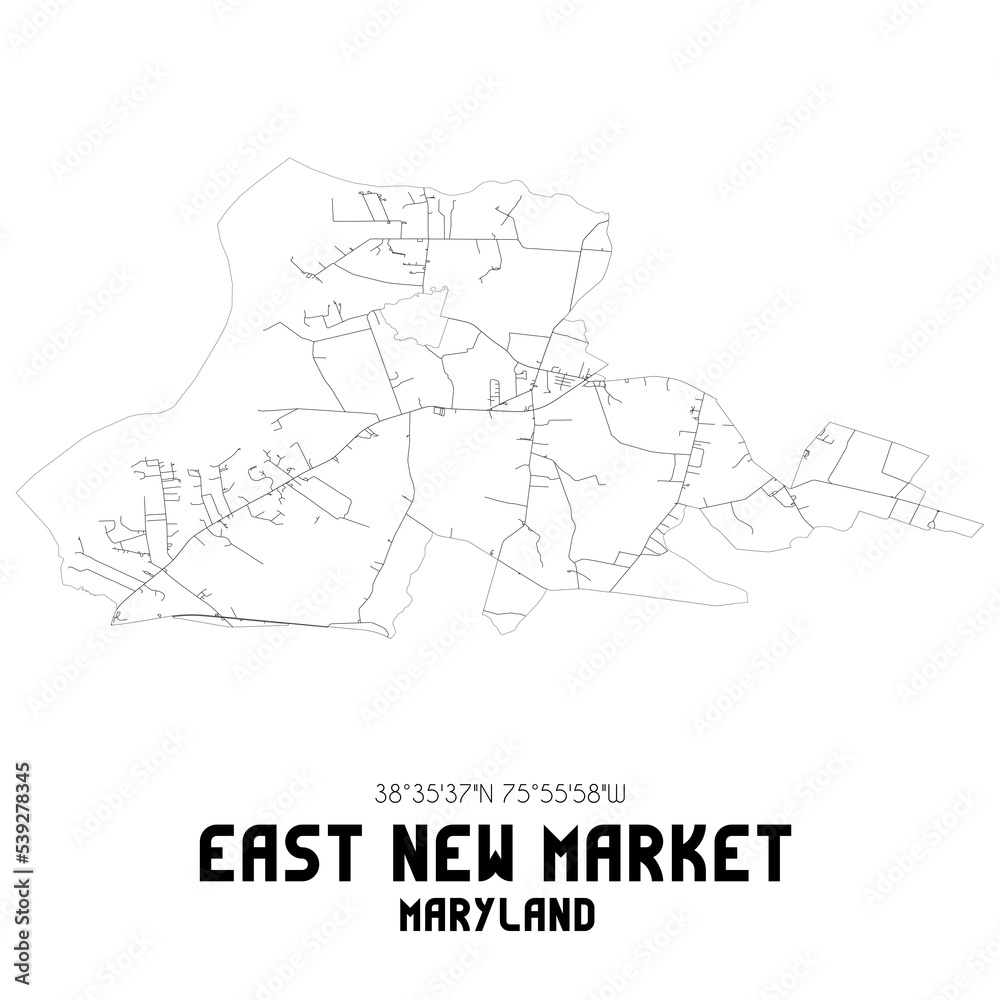 East New Market Maryland. US street map with black and white lines.