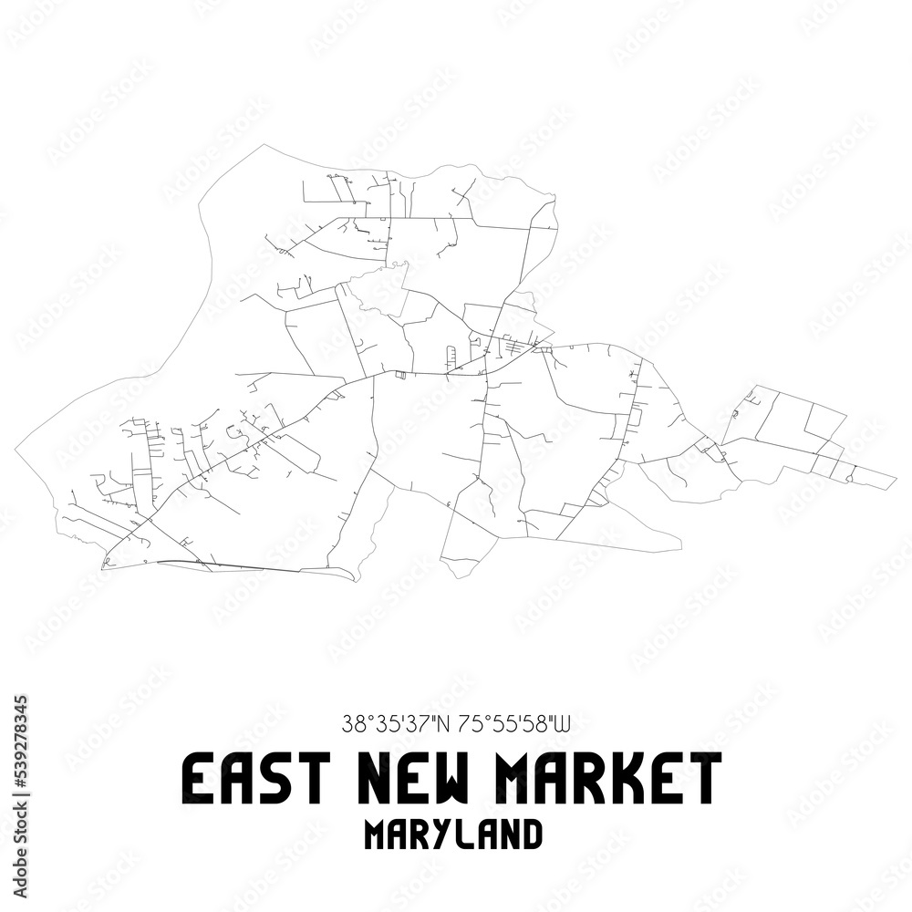 Fototapeta premium East New Market Maryland. US street map with black and white lines.