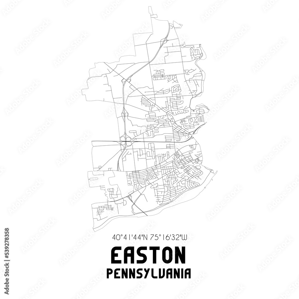 Easton Pennsylvania. US street map with black and white lines.
