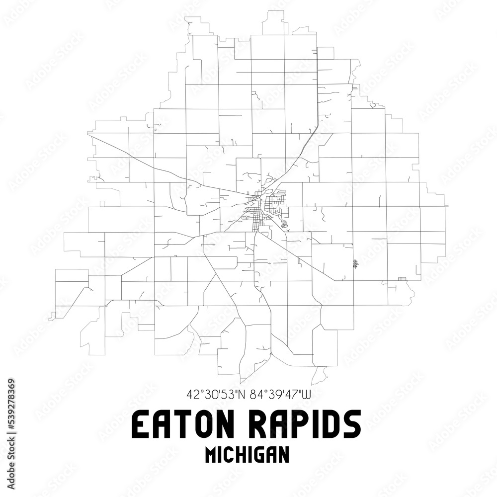 Eaton Rapids Michigan. US street map with black and white lines.