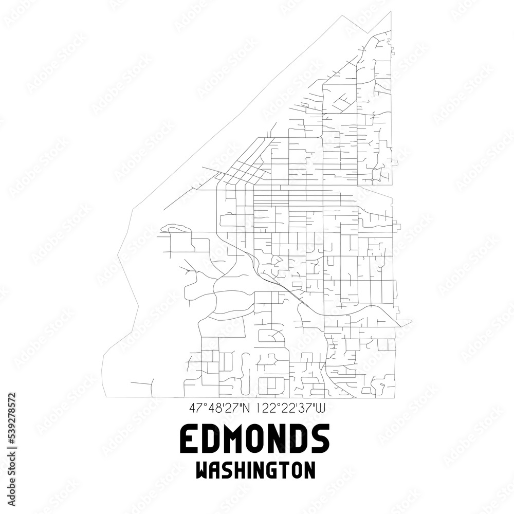 Edmonds Washington. US street map with black and white lines.