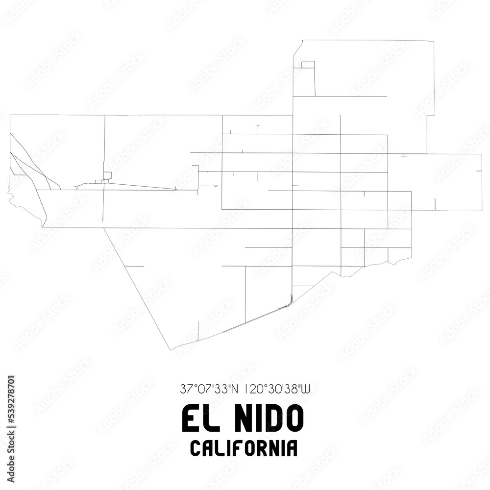 El Nido California. US street map with black and white lines.