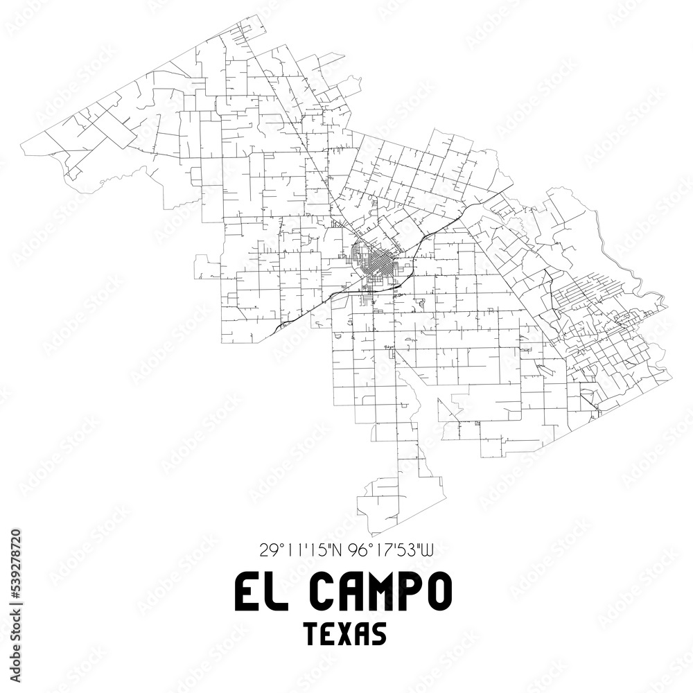 El Campo Texas. US street map with black and white lines.