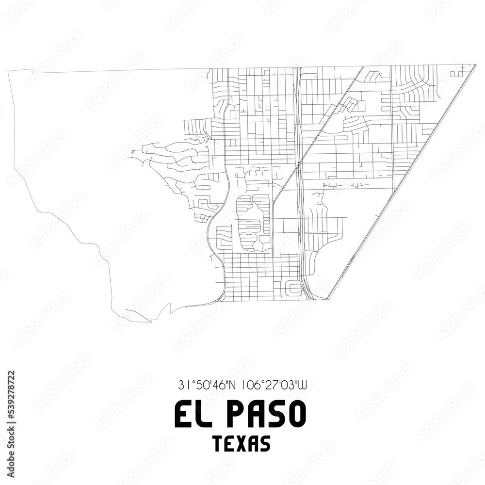 El Paso Texas. US street map with black and white lines.