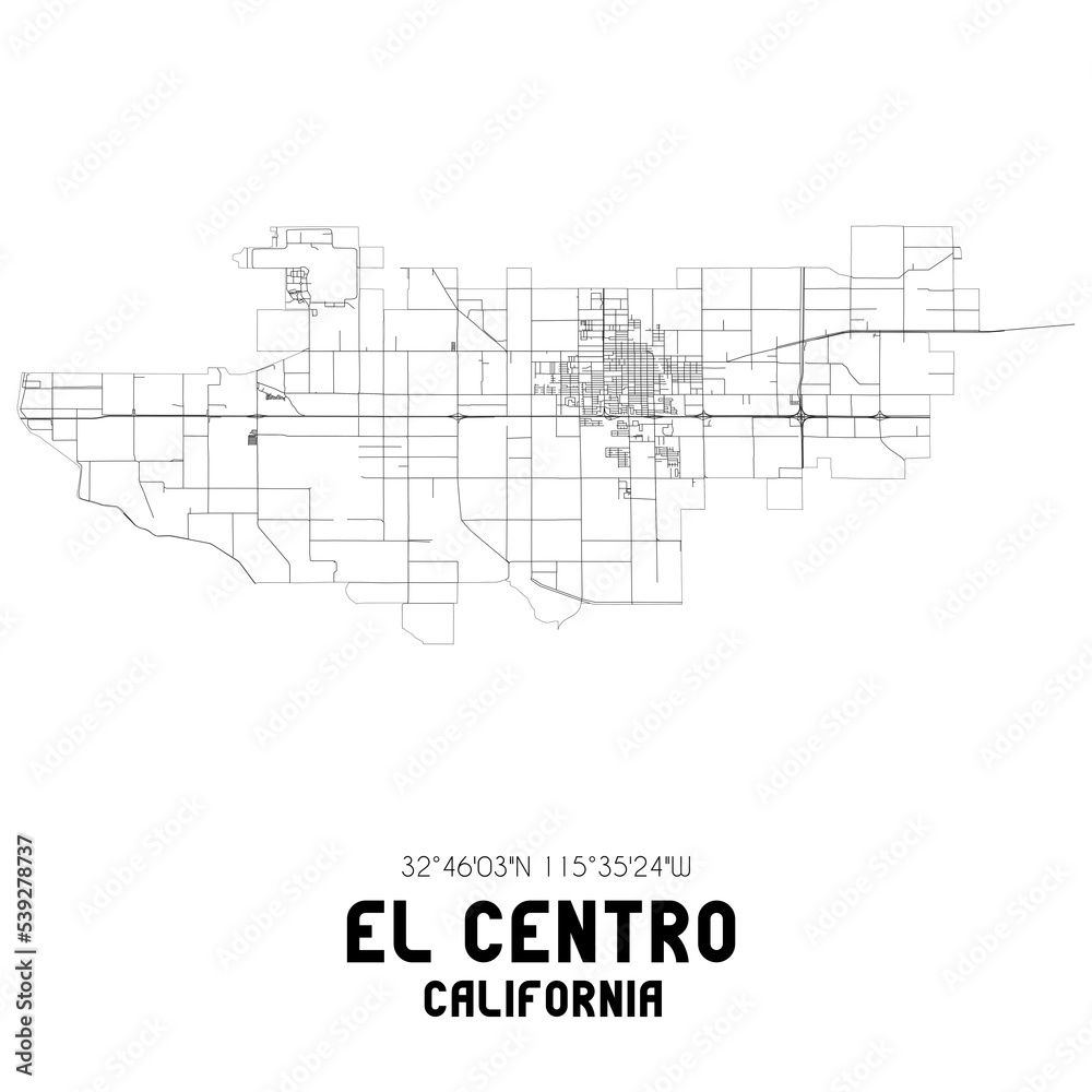 El Centro California. US street map with black and white lines.
