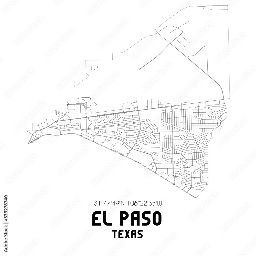 El Paso Texas. US street map with black and white lines.