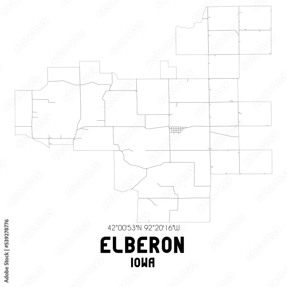 Elberon Iowa. US street map with black and white lines.