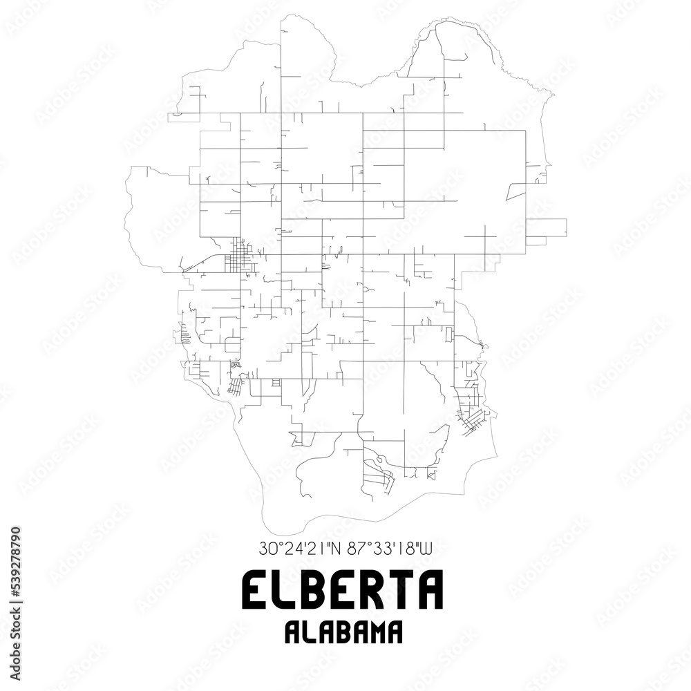 Elberta Alabama. US street map with black and white lines.