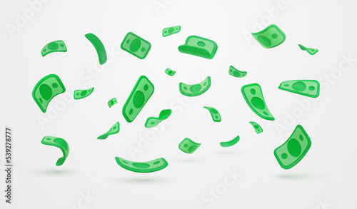 Falling down dollars currency down 3d cartoon vector illustration. Isolated cartoon US paper bills on white background.