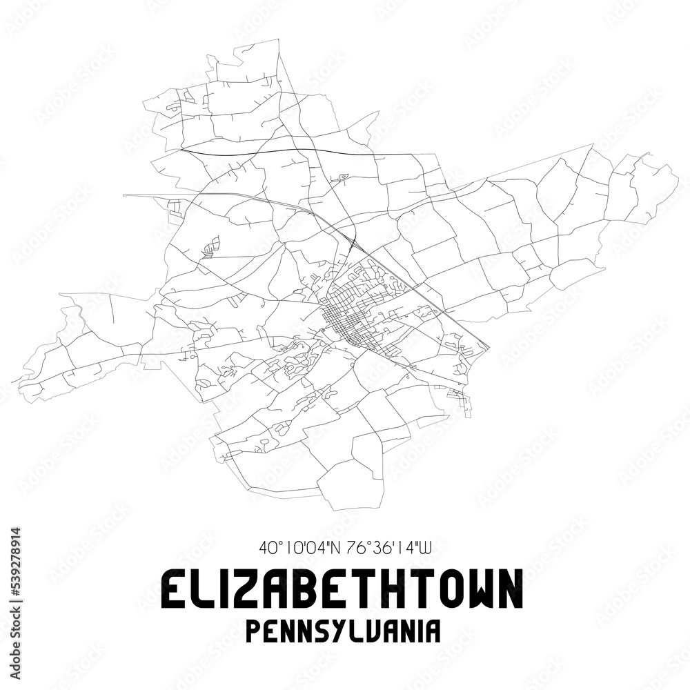 Elizabethtown Pennsylvania. US street map with black and white lines.