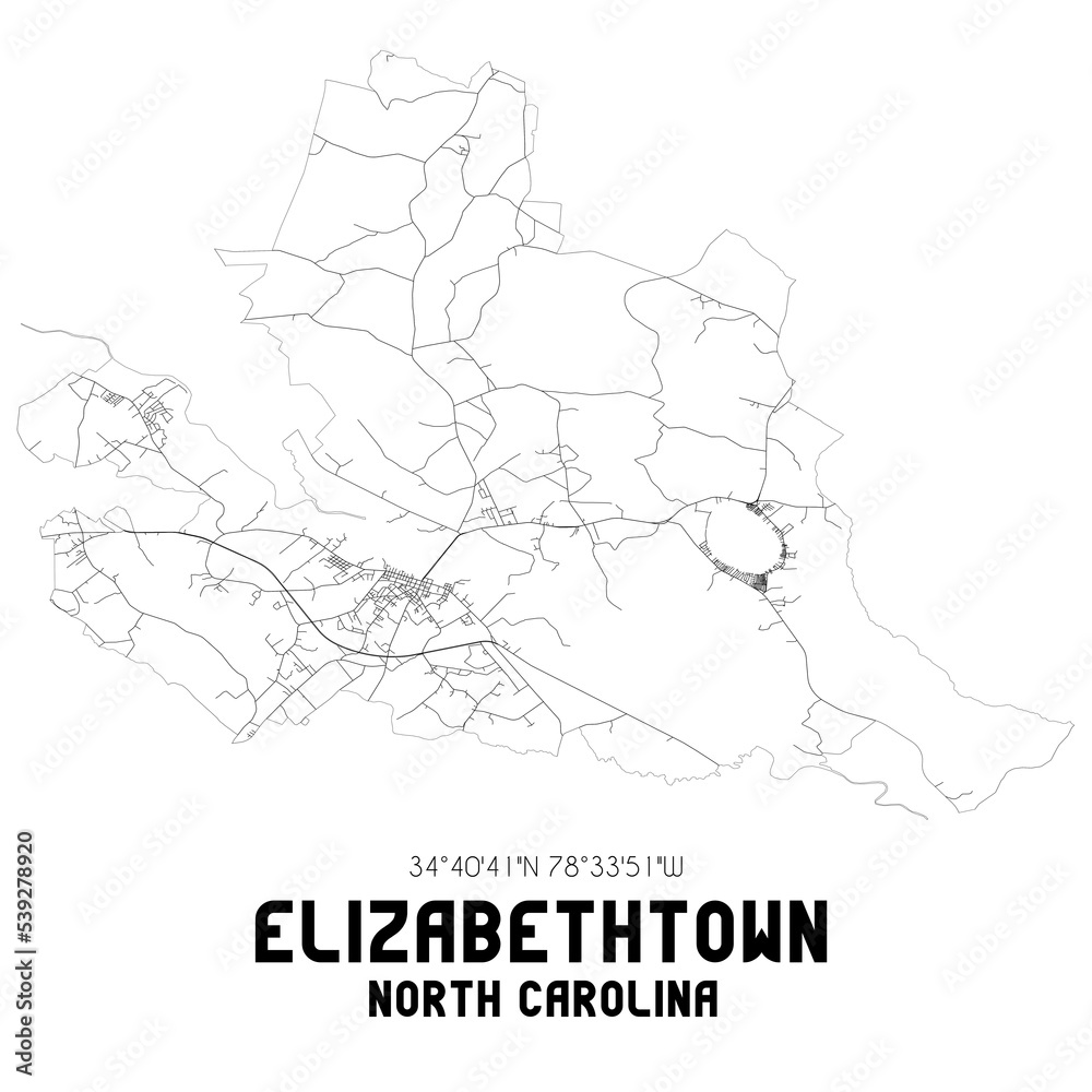 Elizabethtown North Carolina. US street map with black and white lines