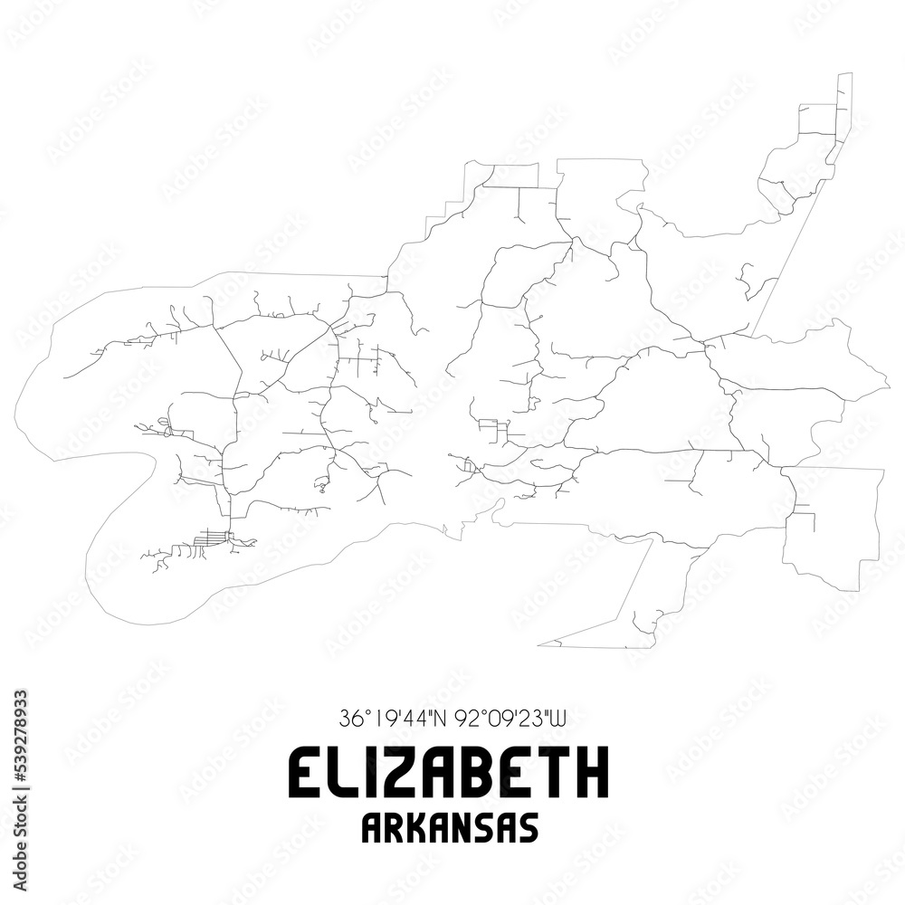 Elizabeth Arkansas. US street map with black and white lines.