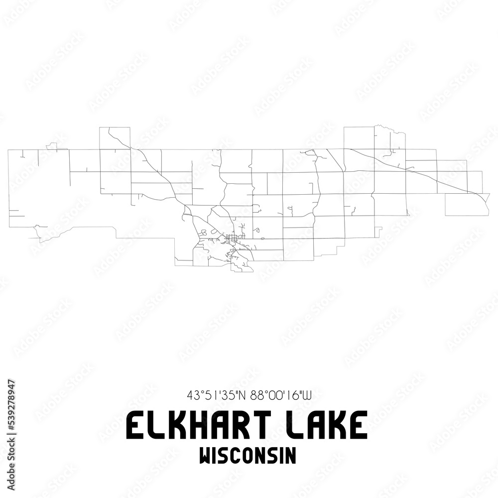 Elkhart Lake Wisconsin. US street map with black and white lines.