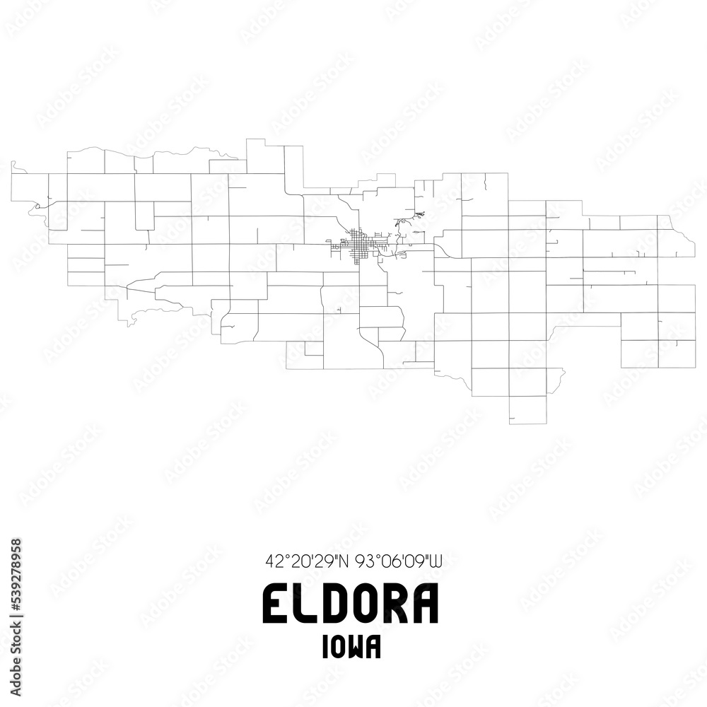 Eldora Iowa. US street map with black and white lines.