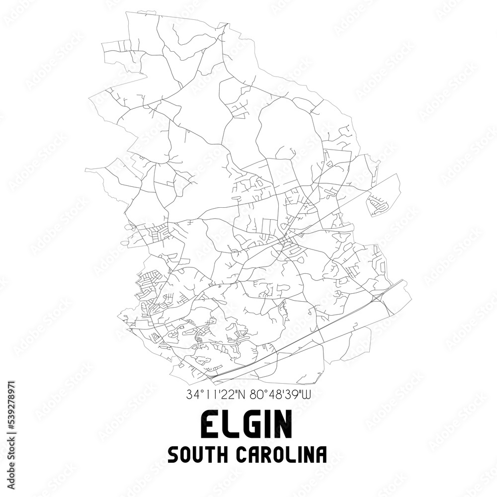 Elgin South Carolina. US street map with black and white lines.