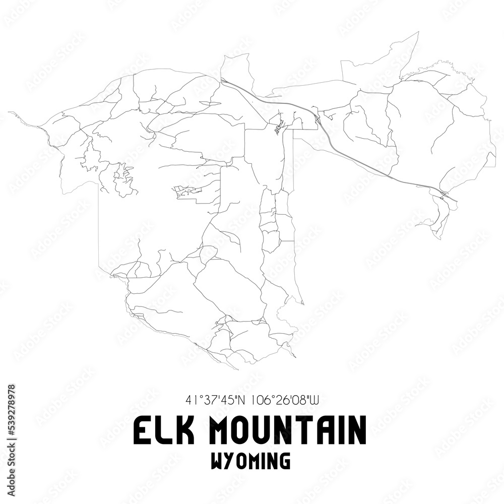 Elk Mountain Wyoming. US street map with black and white lines.