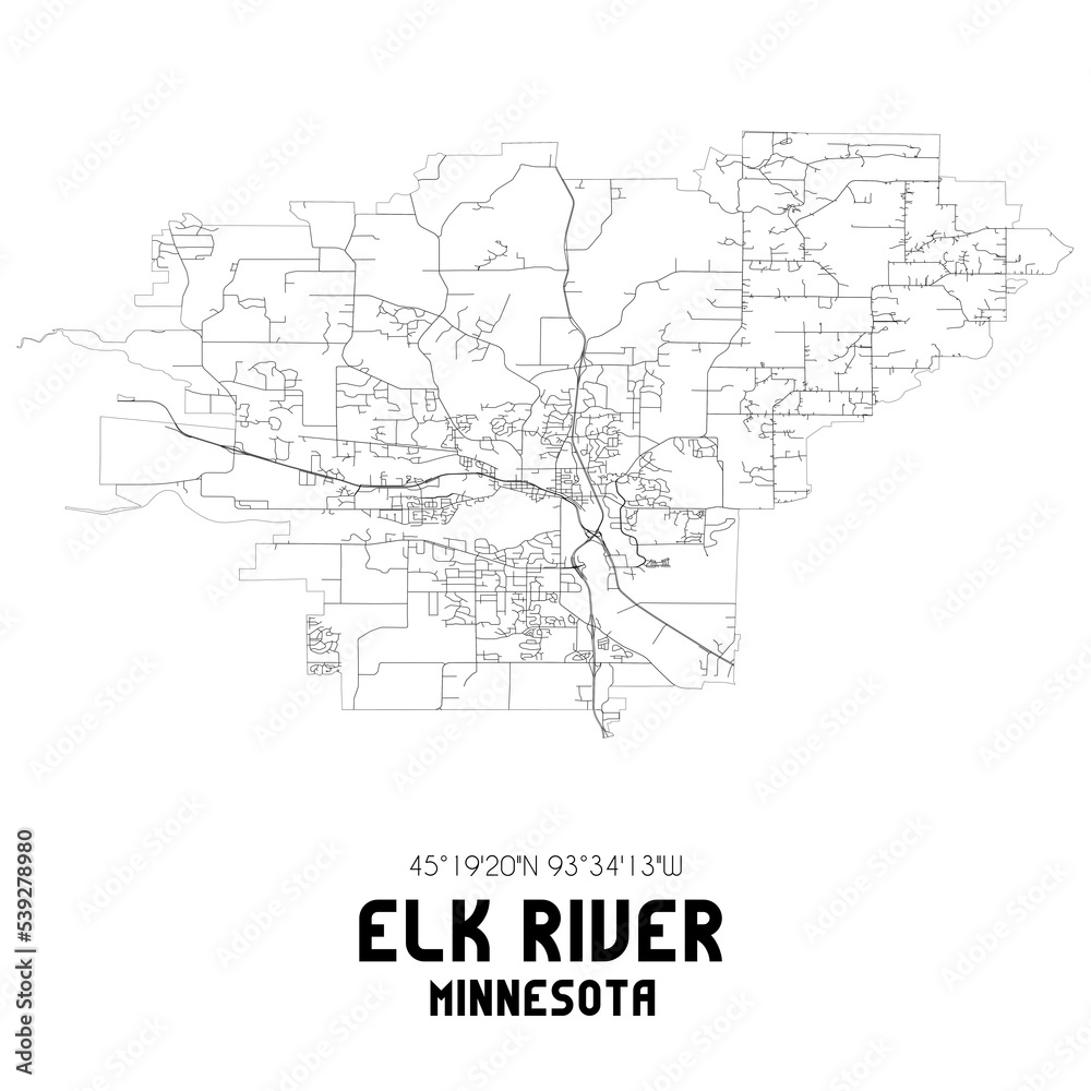 Elk River Minnesota. US street map with black and white lines.