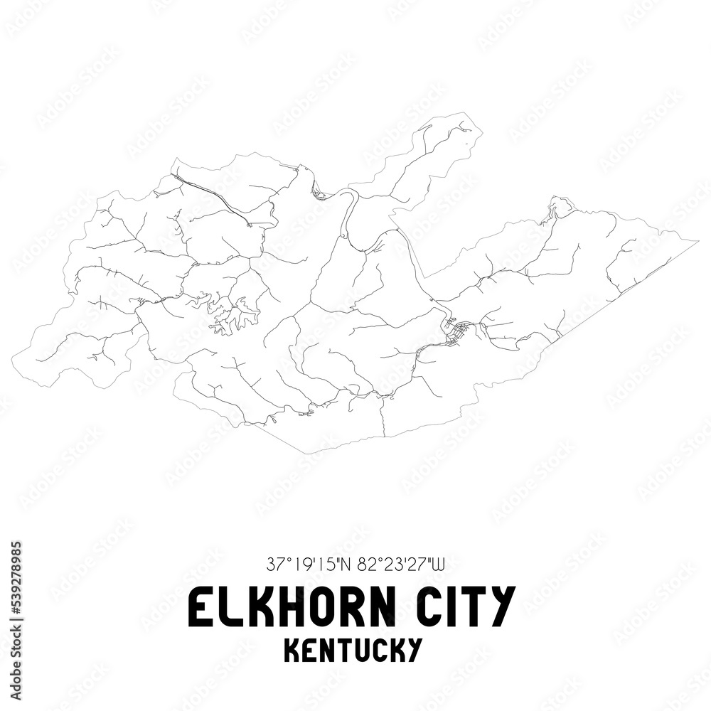 Elkhorn City Kentucky. US street map with black and white lines.