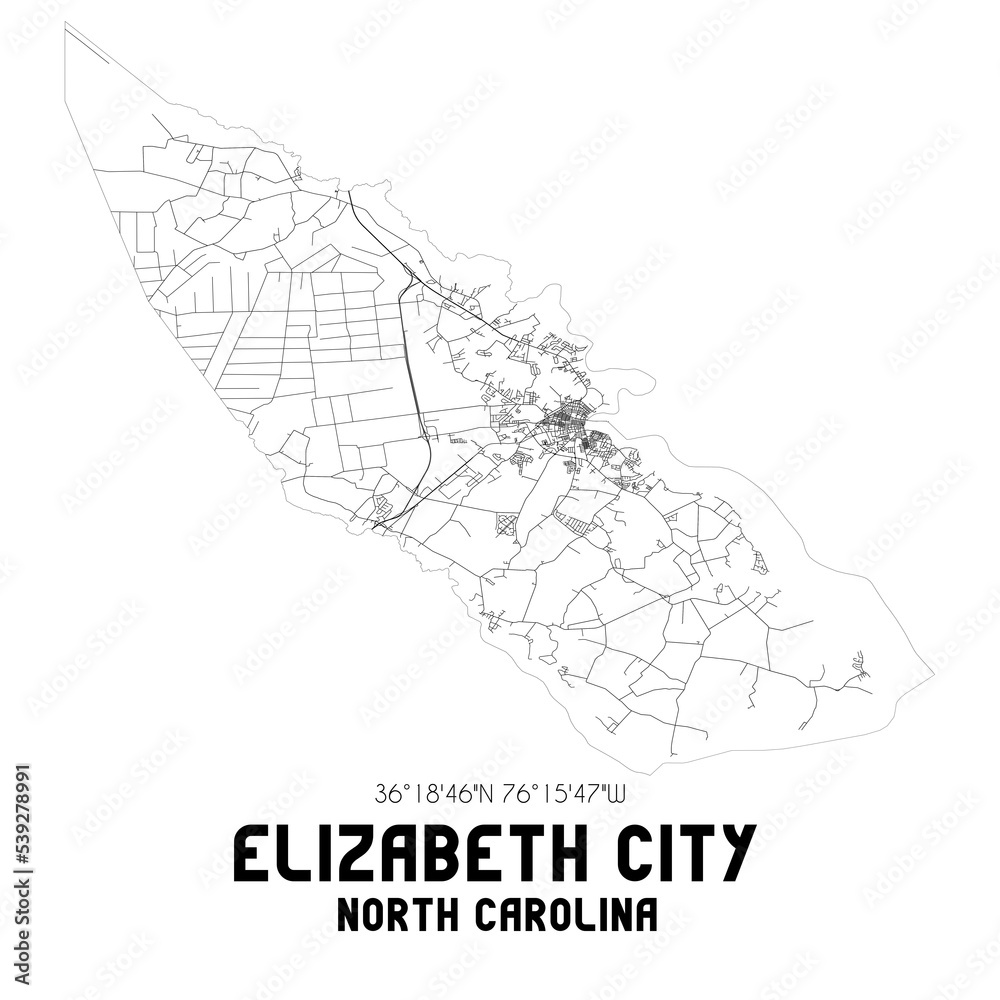 Elizabeth City North Carolina. US street map with black and white lines.