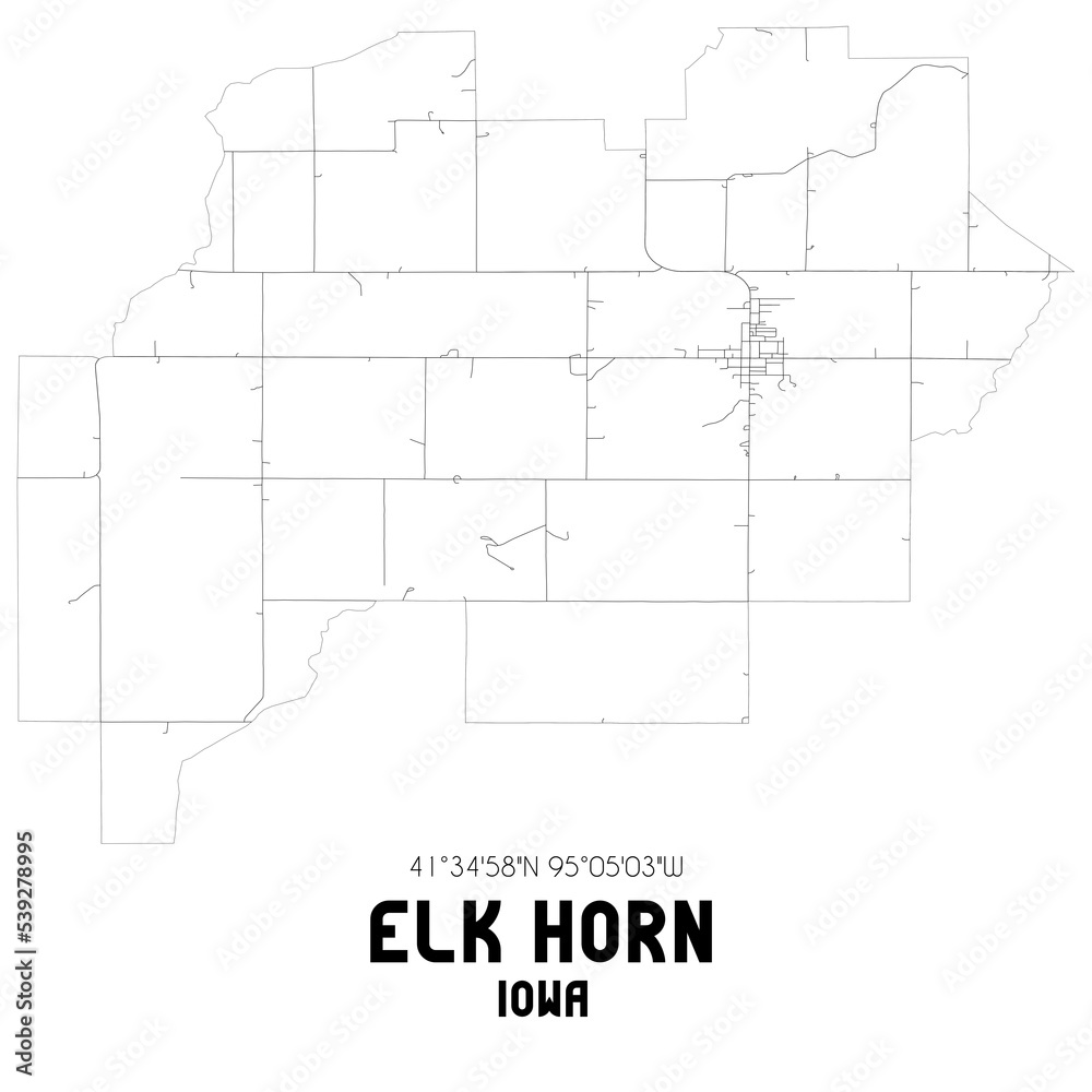 Elk Horn Iowa. US street map with black and white lines.