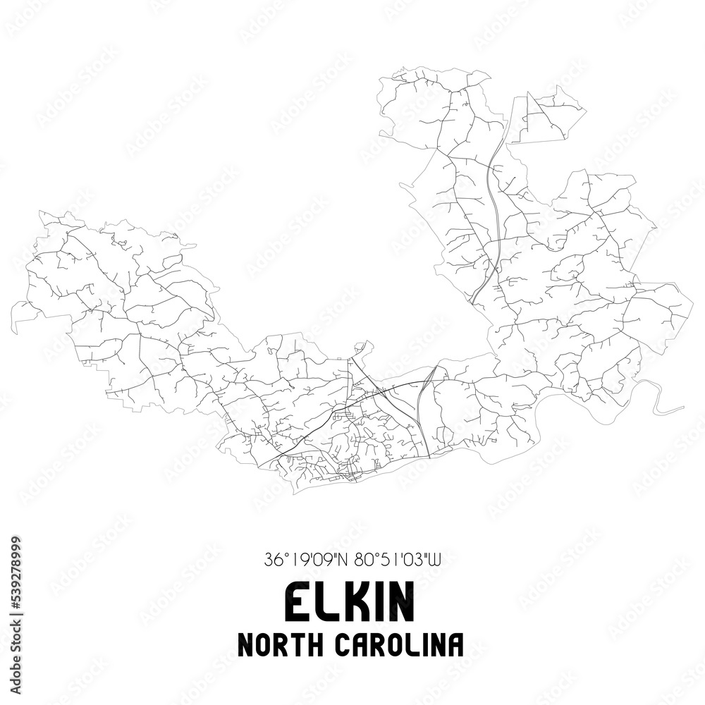 Elkin North Carolina. US street map with black and white lines.