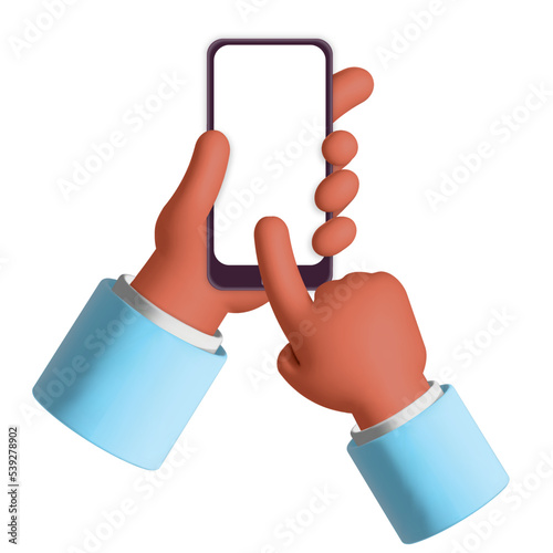 3d vector realistic render american african man holds white screen smartphone in two hands mockup design illustration. Using, scrolling and searching something in phone, application, social media