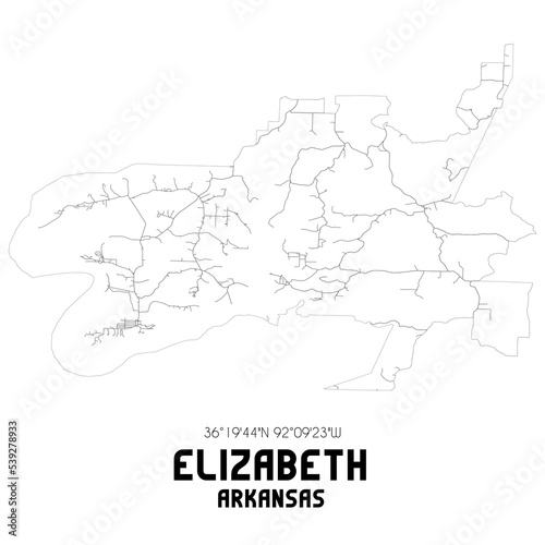 Elizabeth Arkansas. US street map with black and white lines.