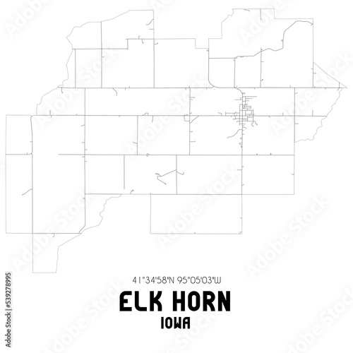 Elk Horn Iowa. US street map with black and white lines.