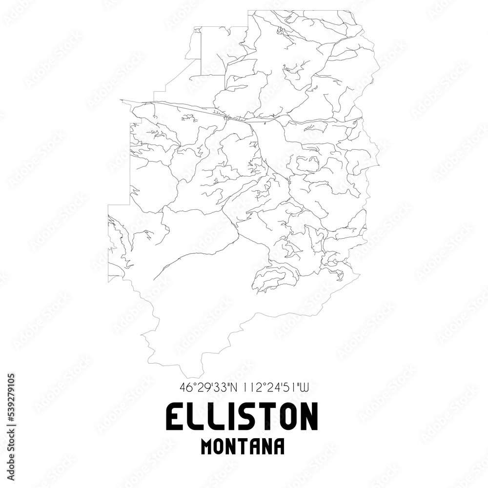 Elliston Montana. US street map with black and white lines.