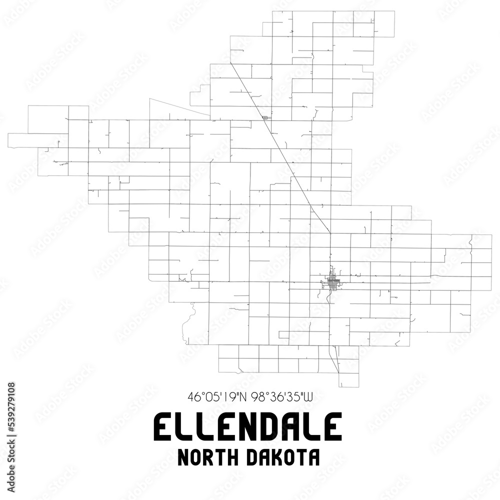 Ellendale North Dakota. US street map with black and white lines.