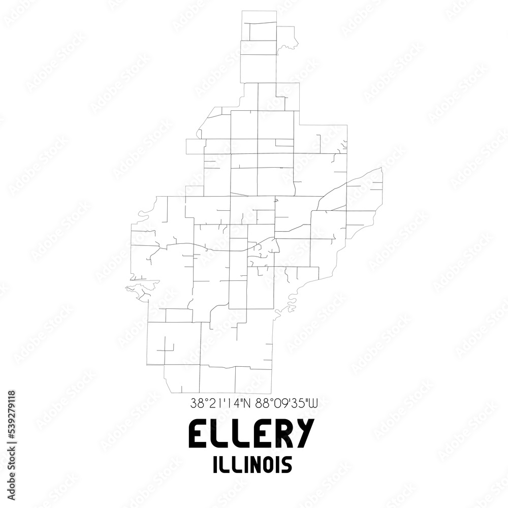 Ellery Illinois. US street map with black and white lines.