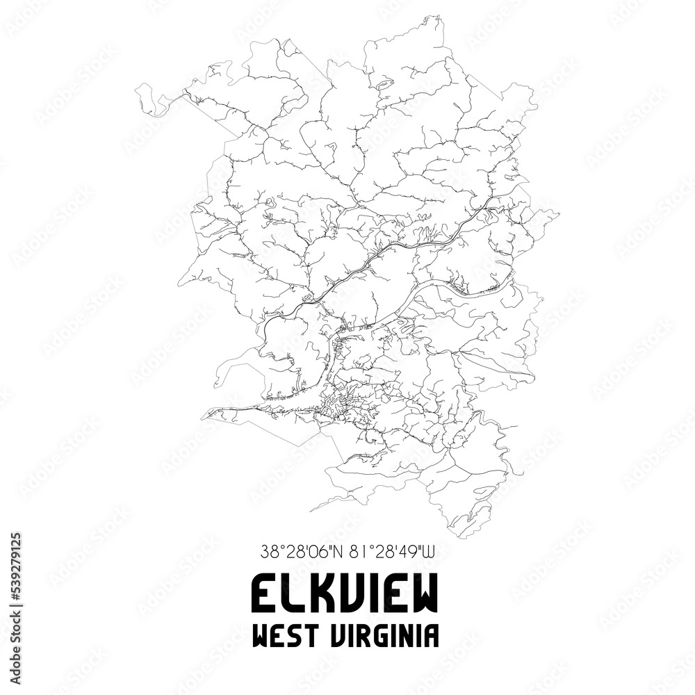 Elkview West Virginia. US street map with black and white lines.