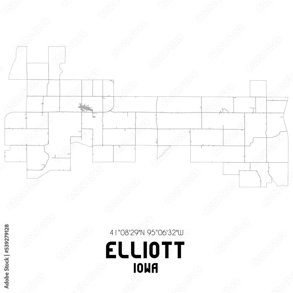 Elliott Iowa. US street map with black and white lines.