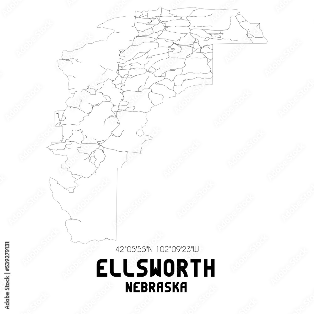 Ellsworth Nebraska. US street map with black and white lines.